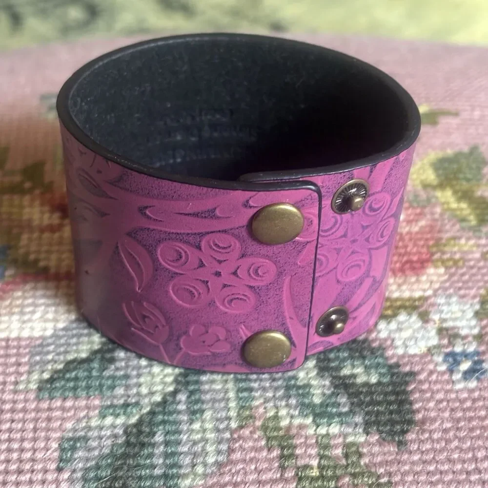 NW Coast Salish Pink Leather Cuff Bracelet Hummingbird Simone Diamond Tooled